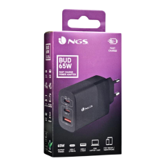 NGS Bud 65W Chargeur Mural GaN Ultra-Rapide 65W avec 3 Ports (2 USB-C + 1 USB-A) - Noir — NGS · Smarty Paris 18e